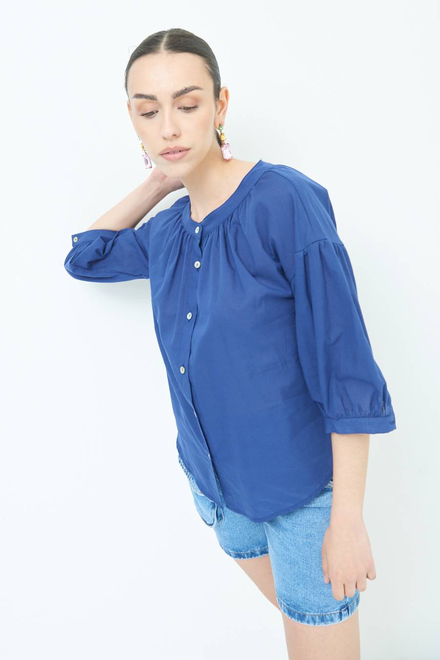 Kikisix CAMICIA SCOLLO INCRESPATO COTONE BLU Bestseller