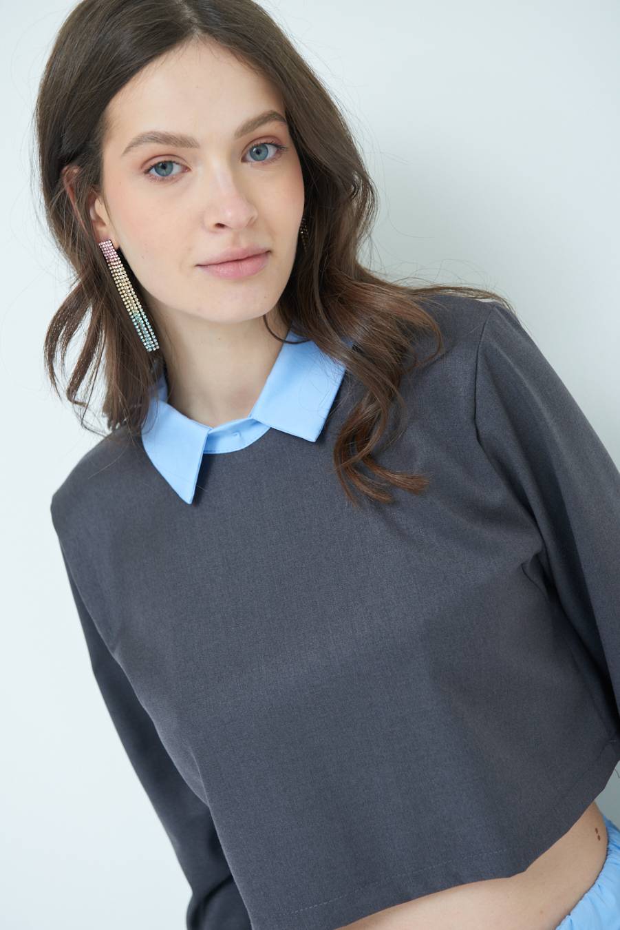 Kikisix CASACCA FINTA CAMICIA CELESTE/GRIGIO Nuovo