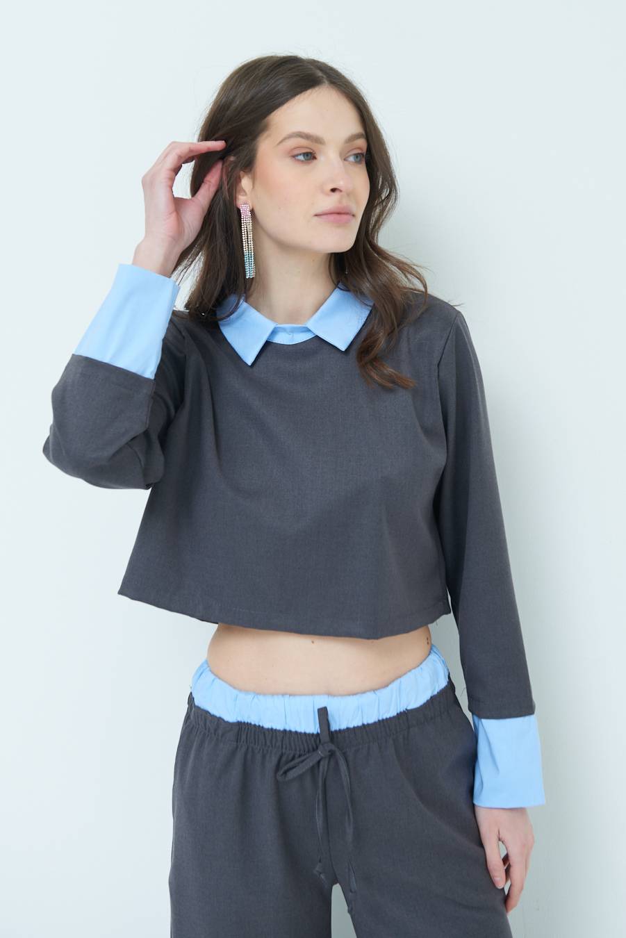 Kikisix CASACCA FINTA CAMICIA CELESTE/GRIGIO Nuovo