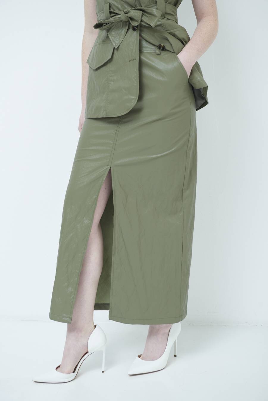 Kikisix GONNA ECOPELLE STROPICCIATA VERDE MILITARE Saldi Di Fabbrica