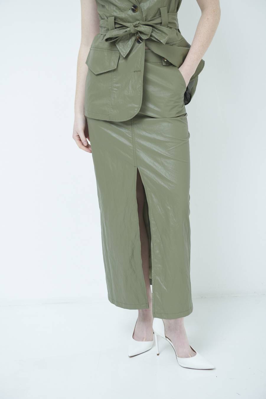 Kikisix GONNA ECOPELLE STROPICCIATA VERDE MILITARE Saldi Di Fabbrica
