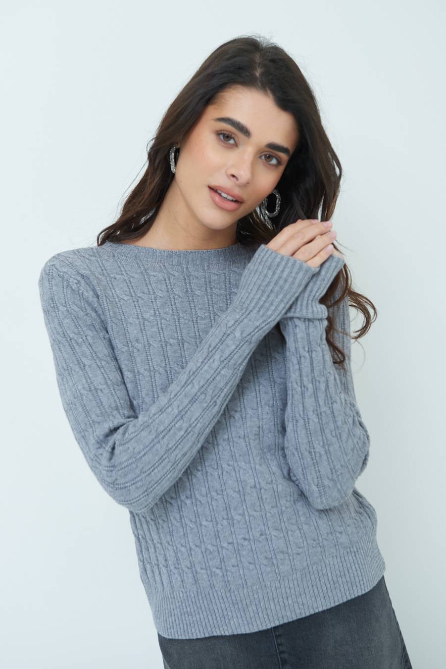 Kikisix MAGLIA PARICOLLO DISEGNO TRECCIA GRIGIO Nuova