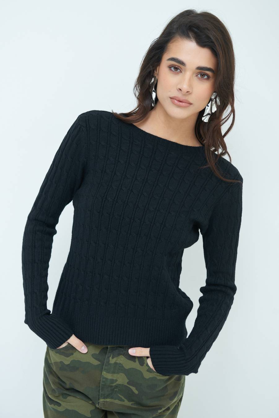 Kikisix MAGLIA PARICOLLO DISEGNO TRECCIA NERO Moda