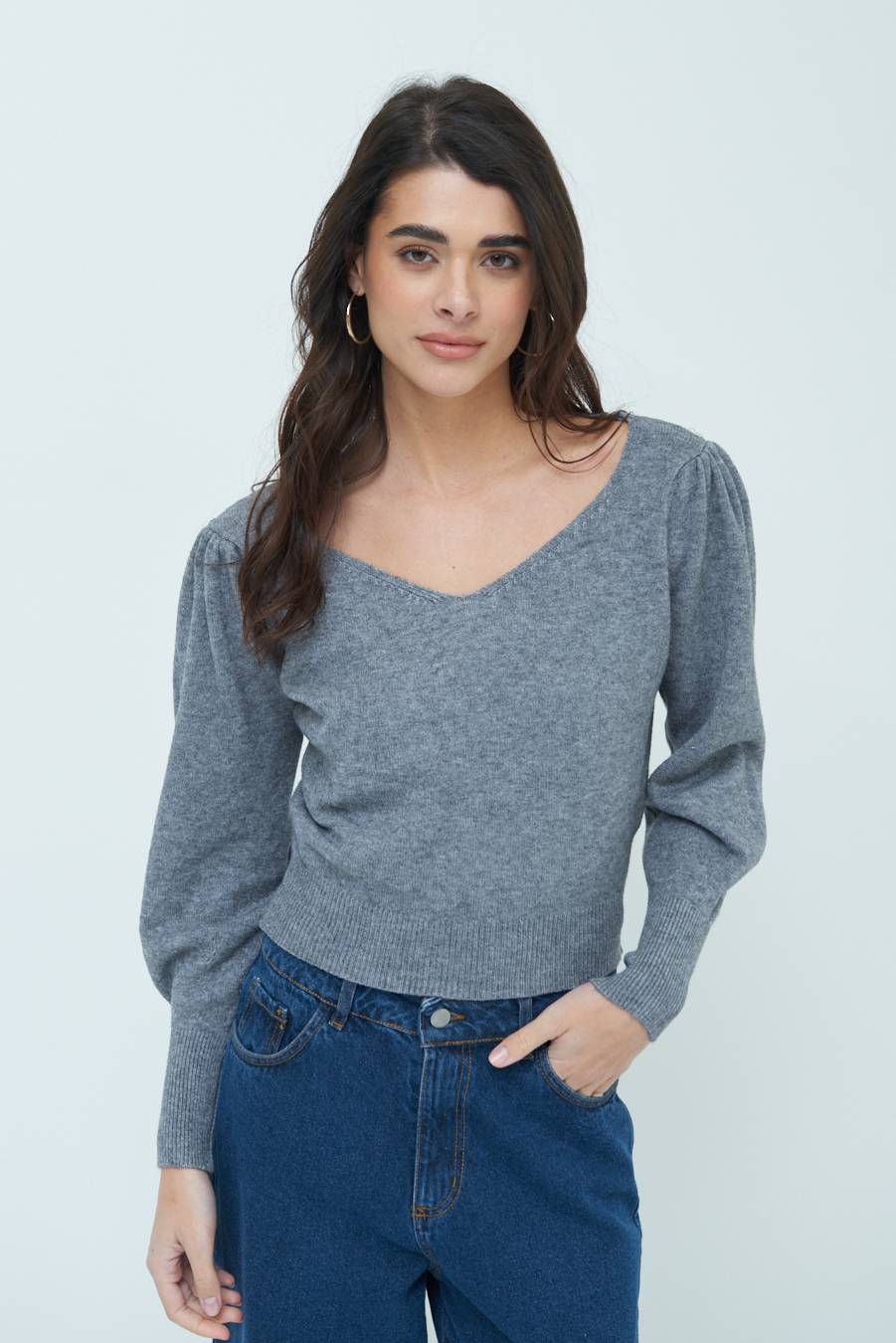 Kikisix MAGLIA SCOLLO V CON MANICA INCRESPATA GRIGIO Prezzo di fabbrica