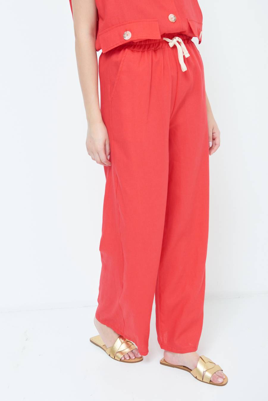 Kikisix PANTA PALAZZO CON ELASTICO VISCOSA LINO ROSSO Fornitura limitata