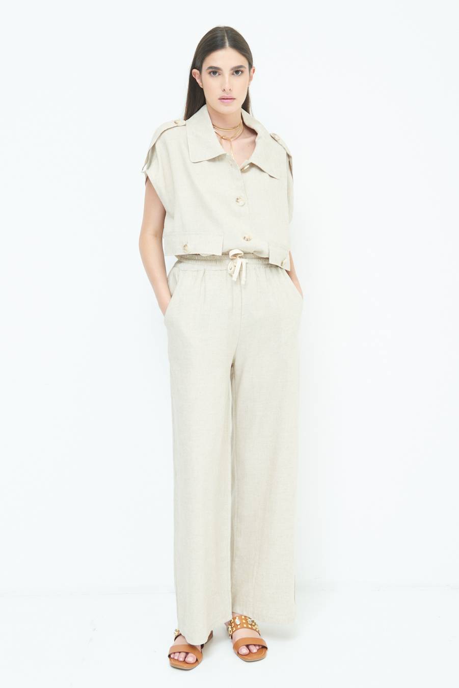 Kikisix PANTA PALAZZO CON ELASTICO VISCOSA LINO NATURALE Shopping online