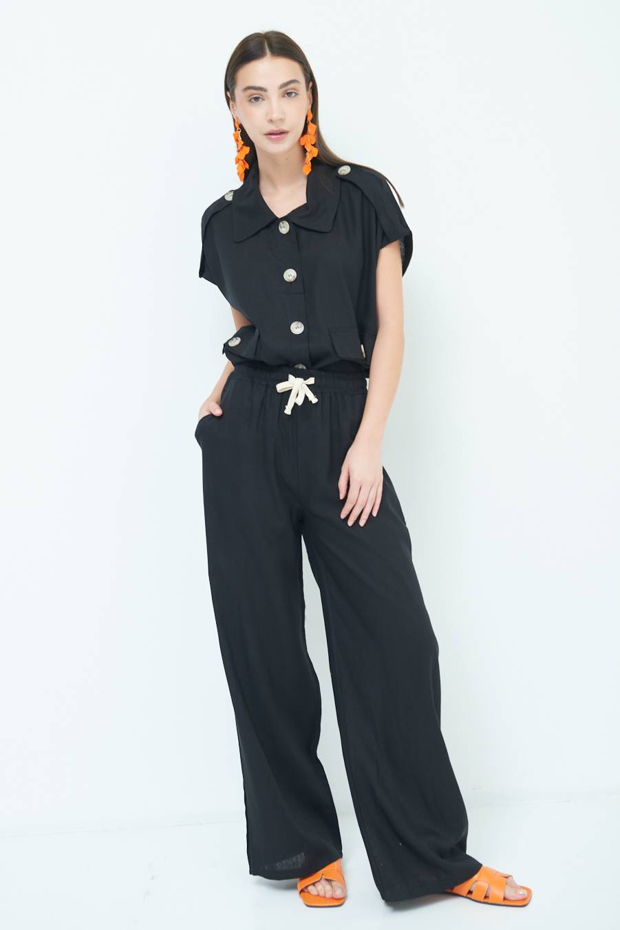 Kikisix PANTA PALAZZO CON ELASTICO VISCOSA LINO NERO Offerta esclusiva