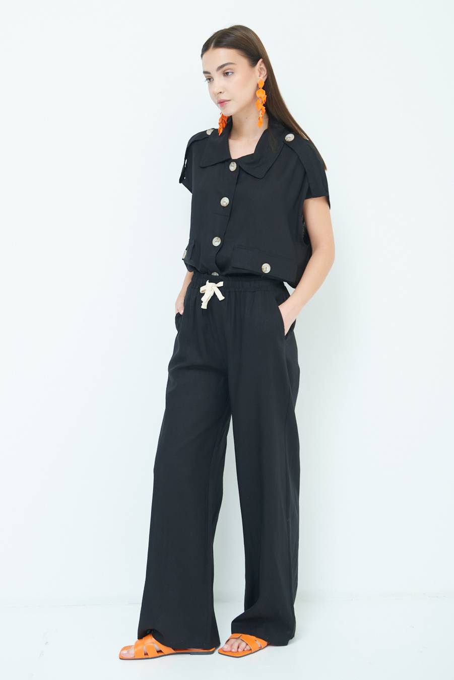 Kikisix PANTA PALAZZO CON ELASTICO VISCOSA LINO NERO Offerta esclusiva