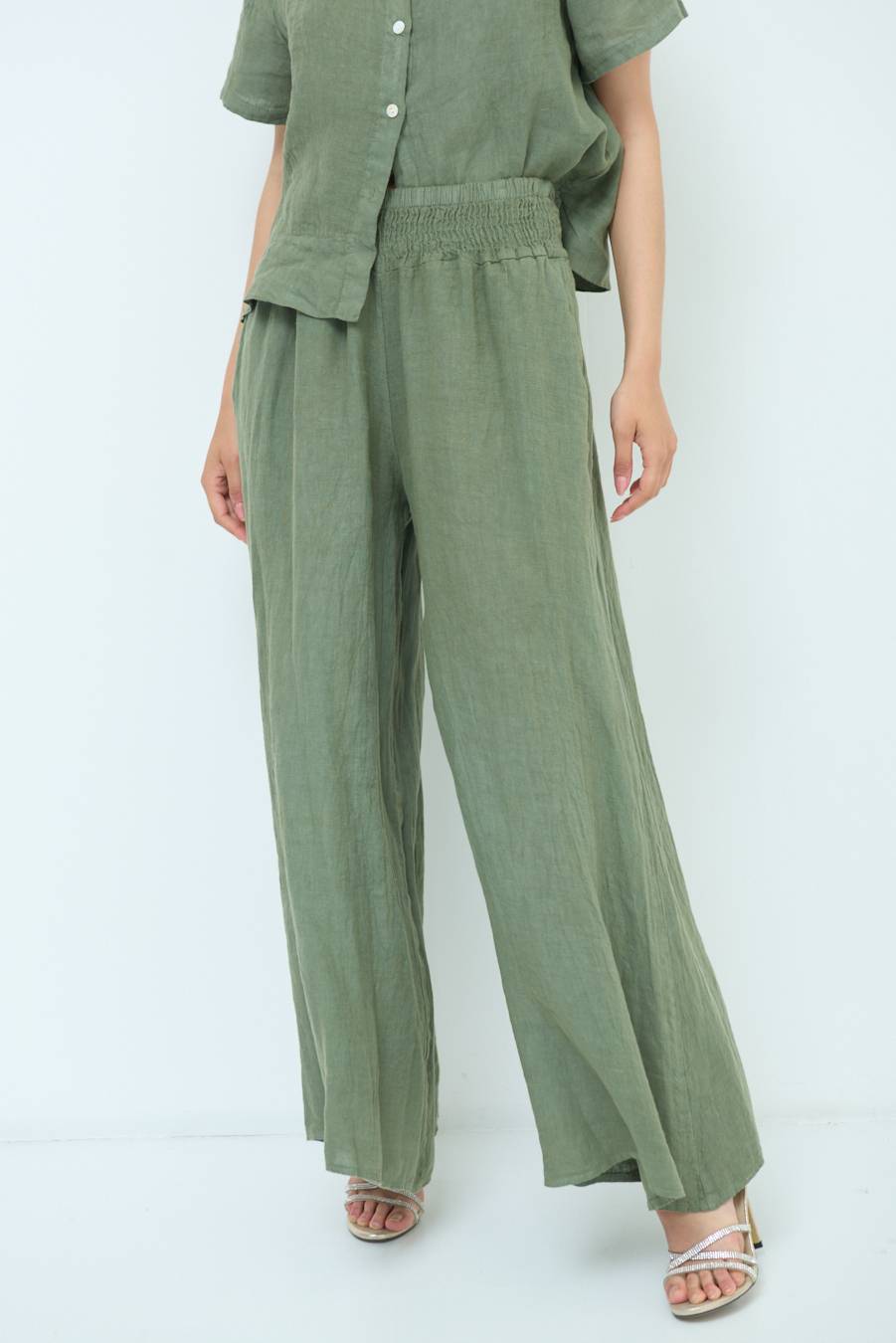 Kikisix PANTA PALAZZO LINO CON ELASTICI VERDE MILITARE Offerta Pasqua