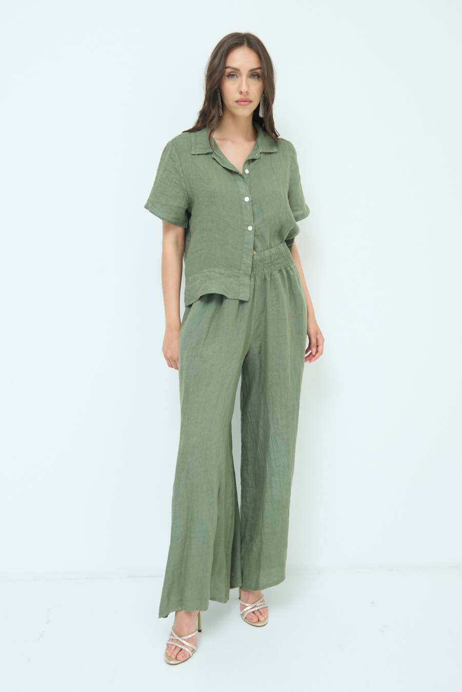 Kikisix PANTA PALAZZO LINO CON ELASTICI VERDE MILITARE Offerta Pasqua