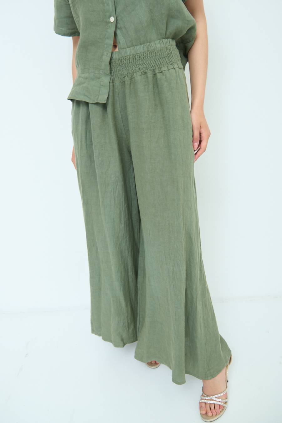 Kikisix PANTA PALAZZO LINO CON ELASTICI VERDE MILITARE Offerta Pasqua