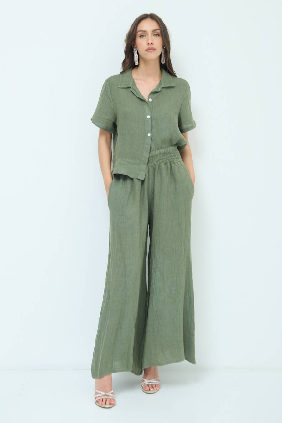 Kikisix PANTA PALAZZO LINO CON ELASTICI VERDE MILITARE Offerta Pasqua
