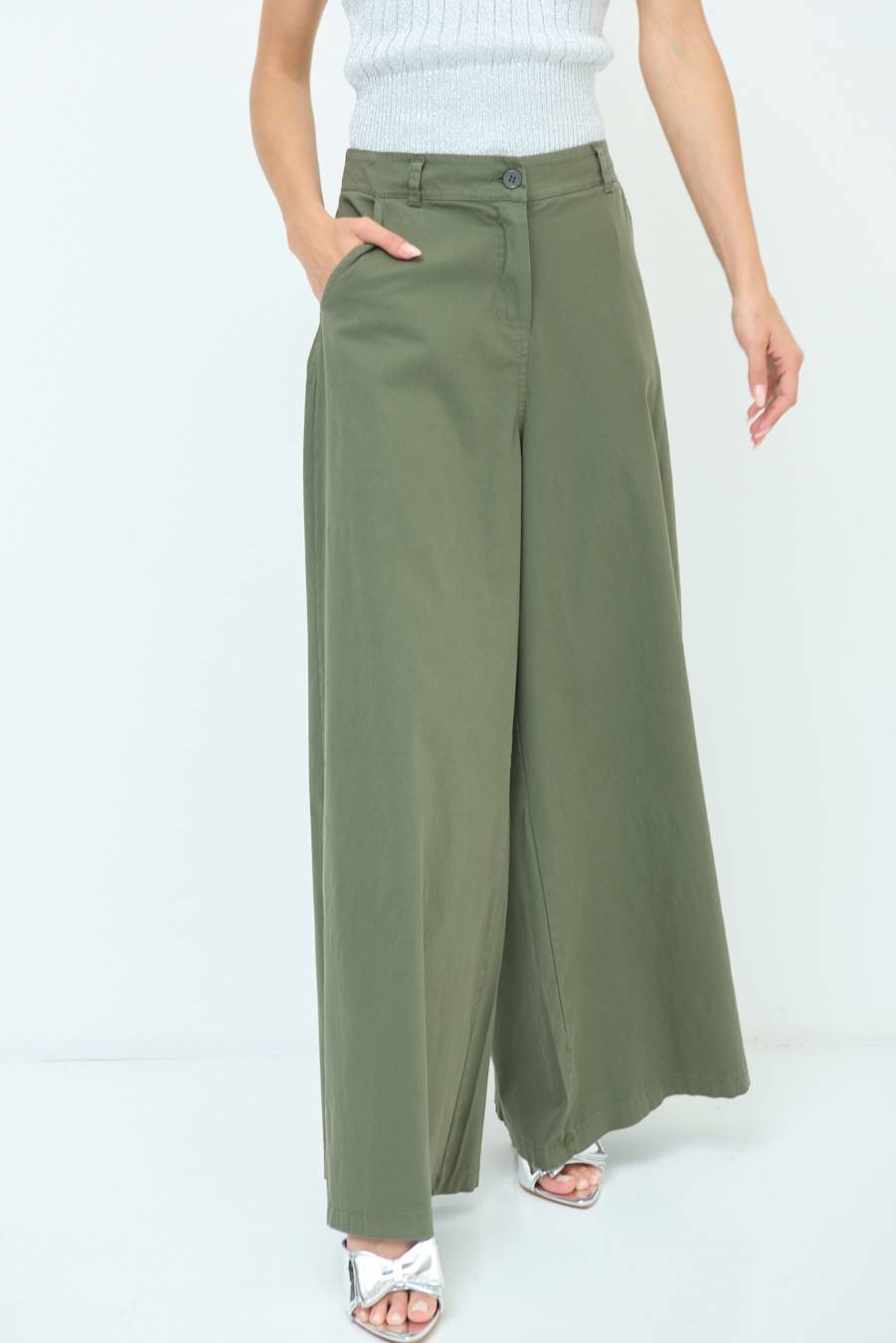 Kikisix PANTALONE PALAZZO COTONE VERDE MILITARE Offerta Anniversario
