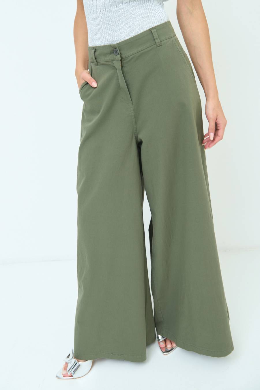 Kikisix PANTALONE PALAZZO COTONE VERDE MILITARE Offerta Anniversario