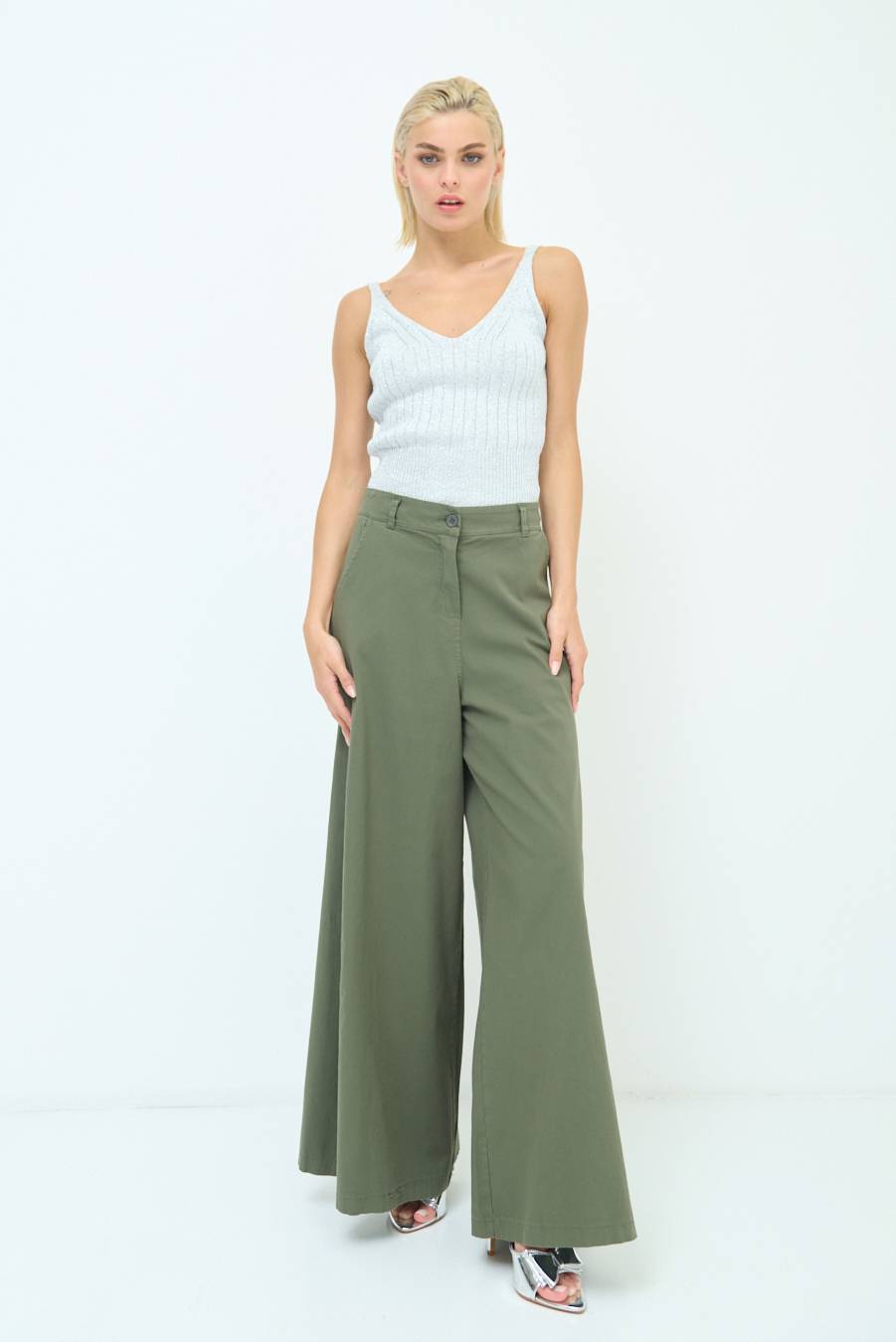 Kikisix PANTALONE PALAZZO COTONE VERDE MILITARE Offerta Anniversario
