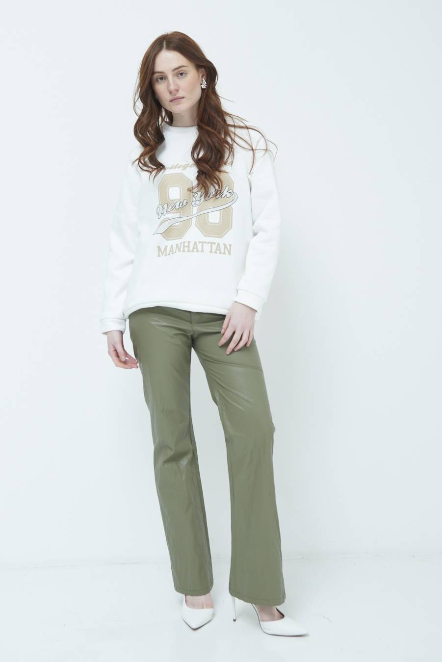 Kikisix PANTALONE ECOPELLE STROPICCIATA VERDE MILITARE Trasporto libero internazionale