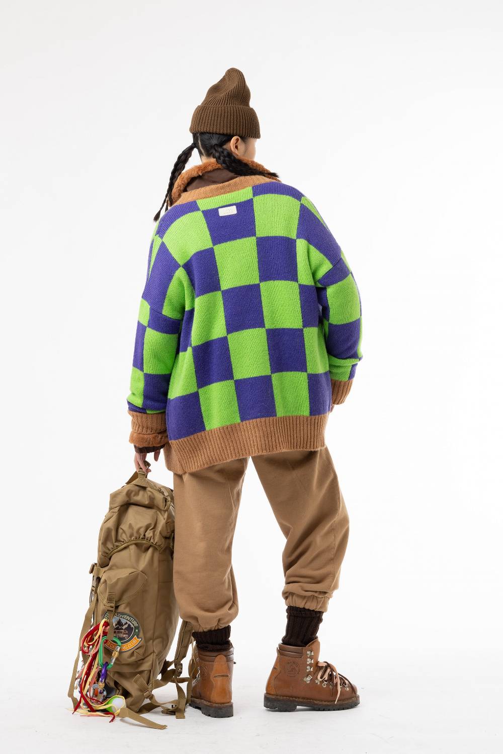 Lc23 Checkered Cardigan Green/Camel/Purple Spedizione Gratuita