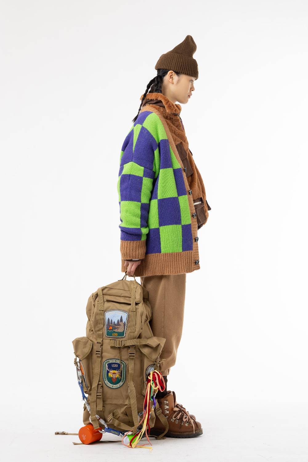 Lc23 Checkered Cardigan Green/Camel/Purple Spedizione Gratuita