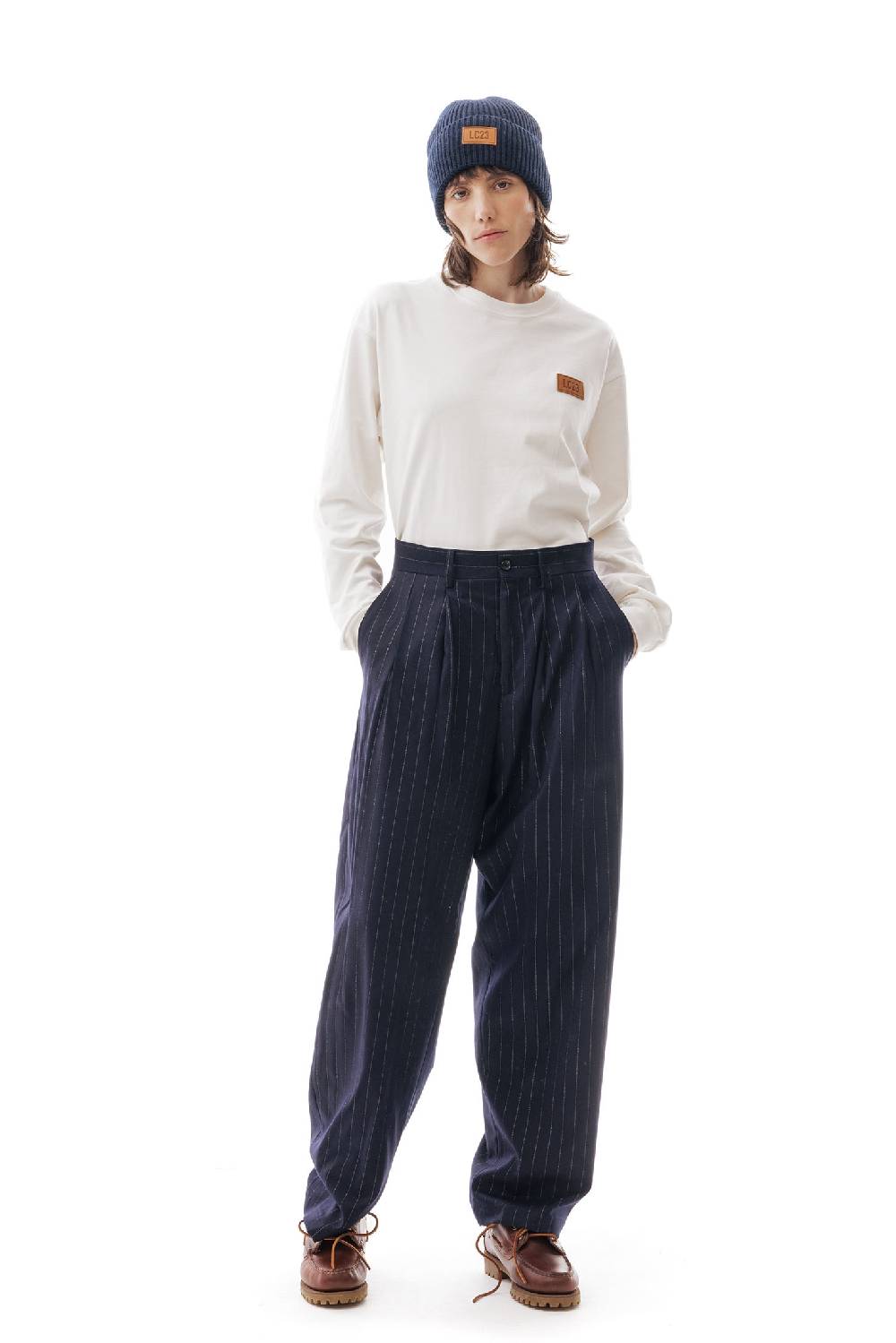 Lc23 Gessato Double Pence Trousers Navy Offerta San Valentino