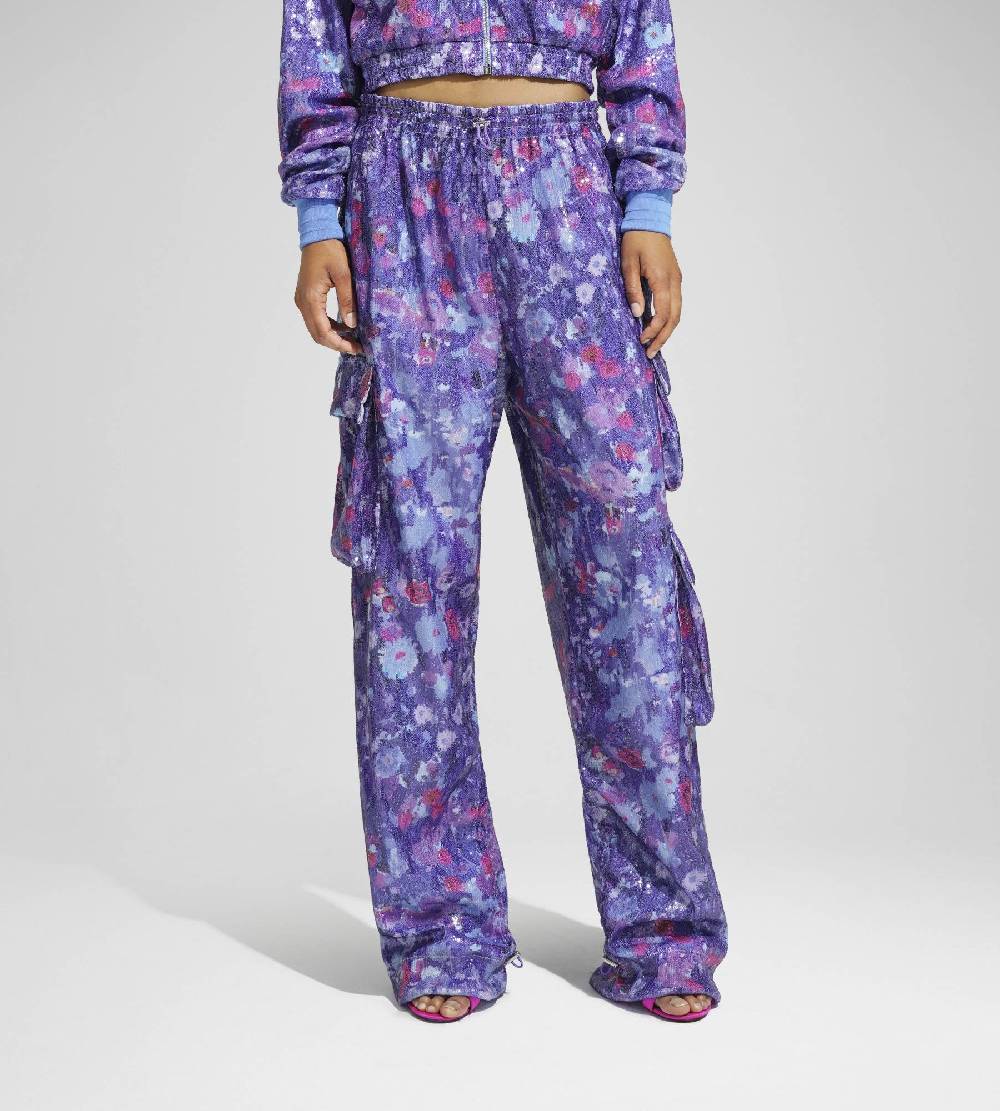 Khrisjoy PANTS MULTIPOCKET PAILLETTES FLOWERS UPSIDE DOWN GRAPE Sottocosto