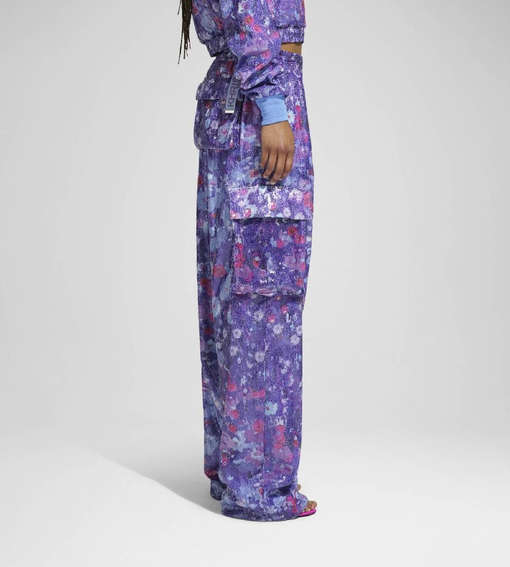 Khrisjoy PANTS MULTIPOCKET PAILLETTES FLOWERS UPSIDE DOWN GRAPE Sottocosto