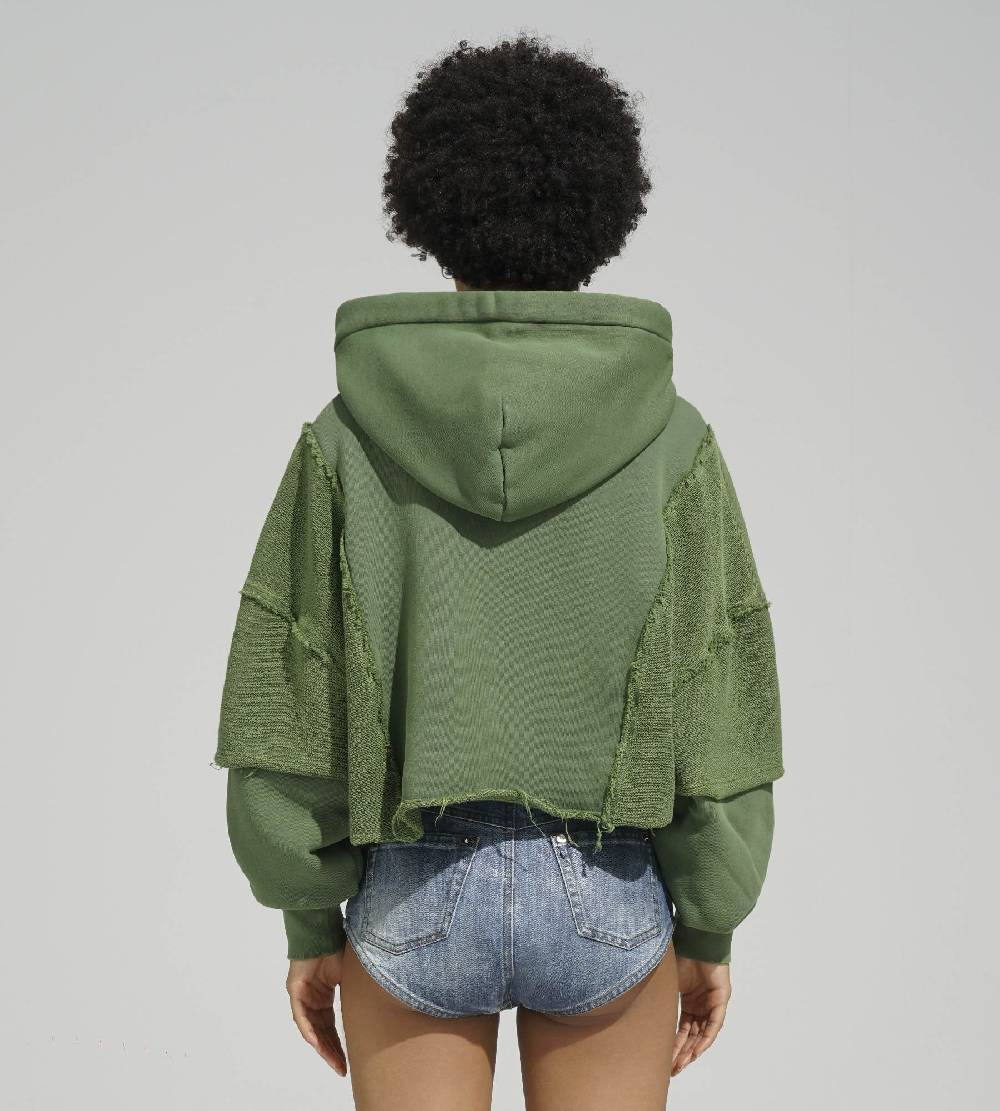 Khrisjoy HOODIE CROP DOUBLE POCKETS OLIVE GREEN Saldi