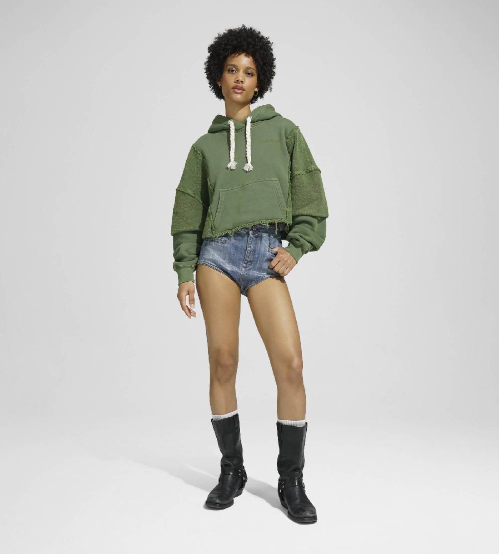 Khrisjoy HOODIE CROP DOUBLE POCKETS OLIVE GREEN Saldi