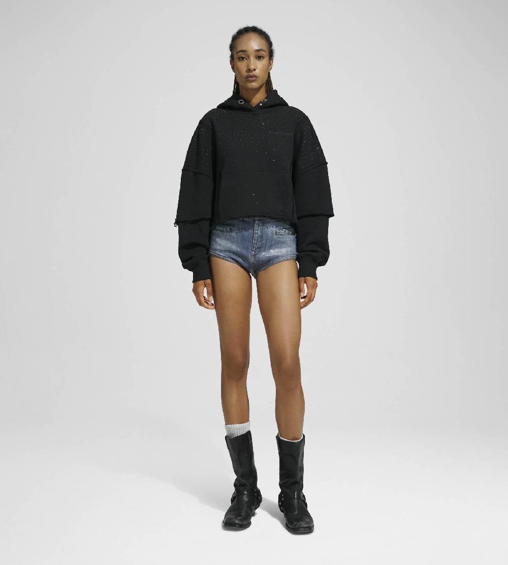 Khrisjoy HOODIE CROP DOUBLE POCKETS STRASS BLACK 2025