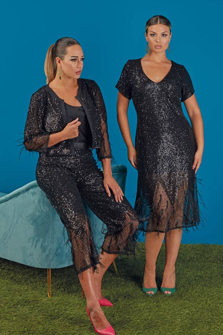 Oltre Tempo Pantalone con paillettes e piume Qualità