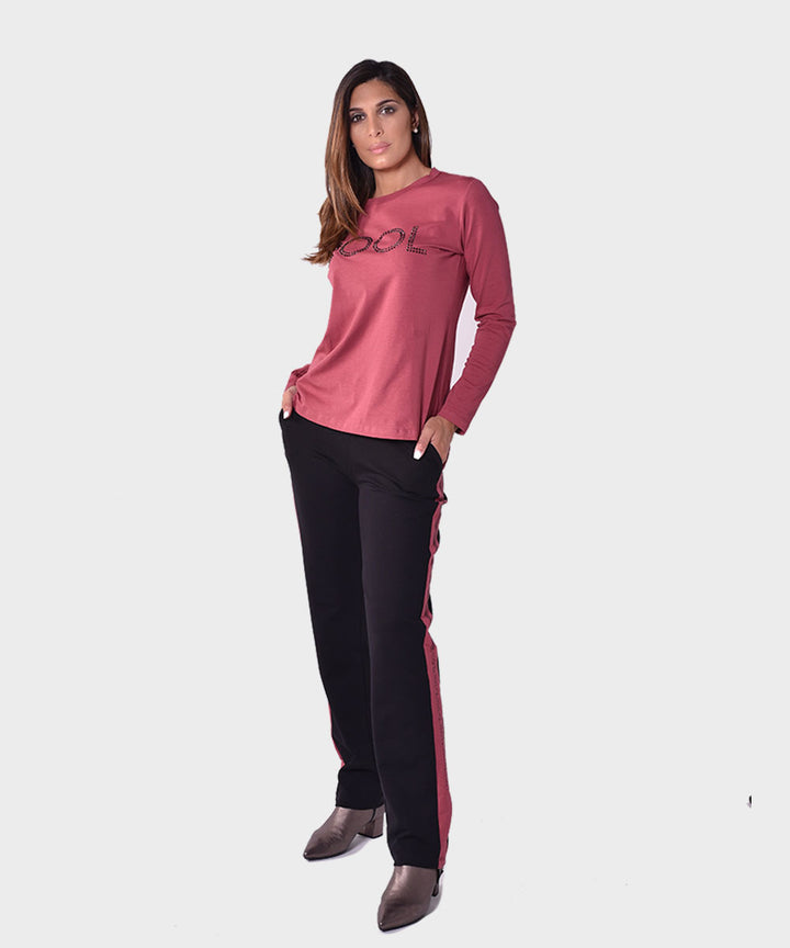 Oltre Tempo Pantalone cotone in felpa con bande ai lati e strass Saldi Di Fabbrica