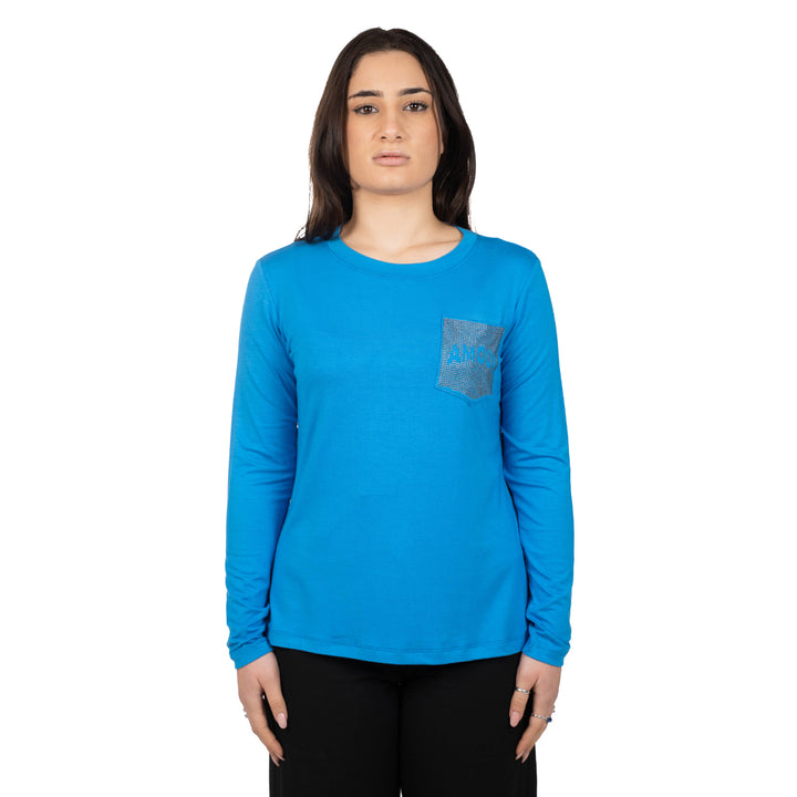 Oltre Tempo Maglia in viscosa girocollo con borchiette su taschino Saldi Di Fabbrica