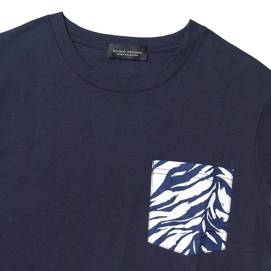 Paolo Pecora T-Shirt Blue Navy con Taschino Fantasia Foglia Consegna Veloce