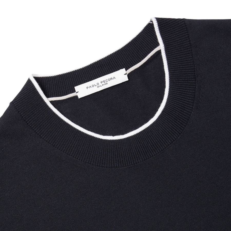 Paolo Pecora Maglia Girocollo in Cotone Extrafine - Nero con Dettagli Bianchi Qualità