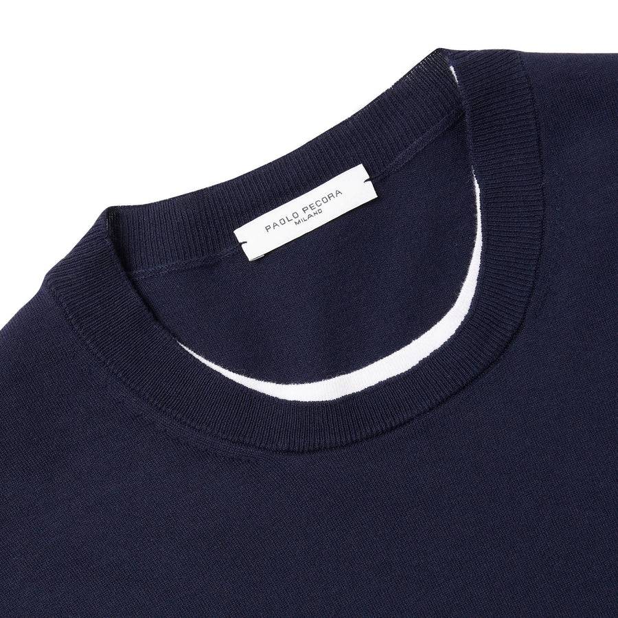 Paolo Pecora Maglia Girocollo in Puro Cotone Extrafine - Blu Navy con Dettagli Bianchi Negozi Online