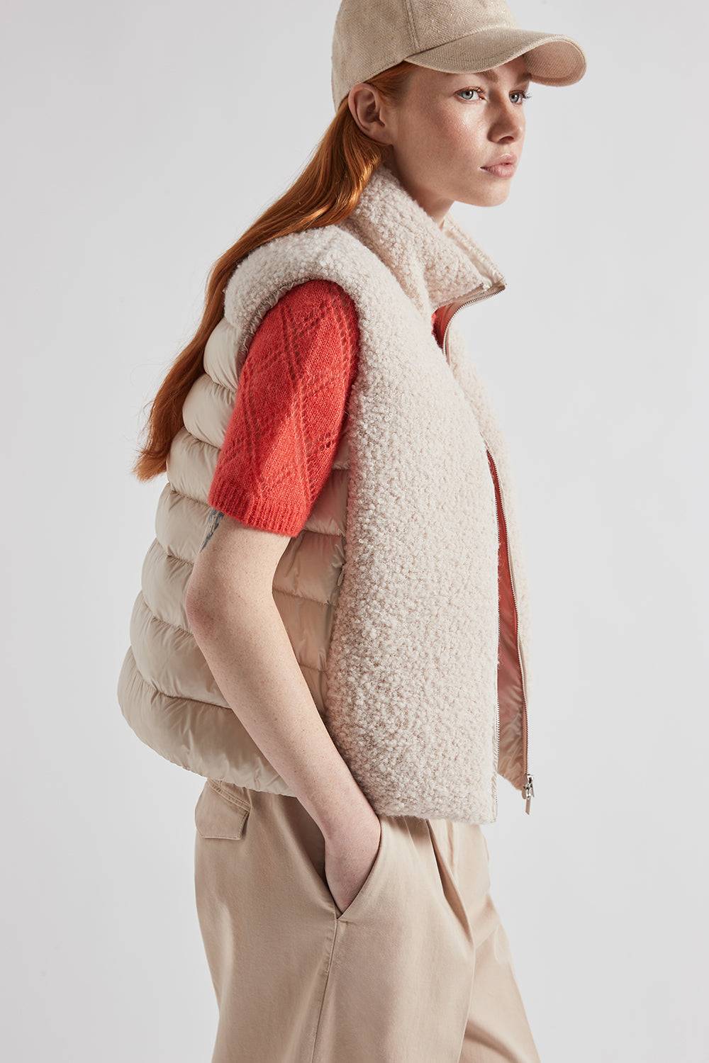 Peserico Gilet in piuma e panno bouclé di lana vergine e alpaca Vendita calda