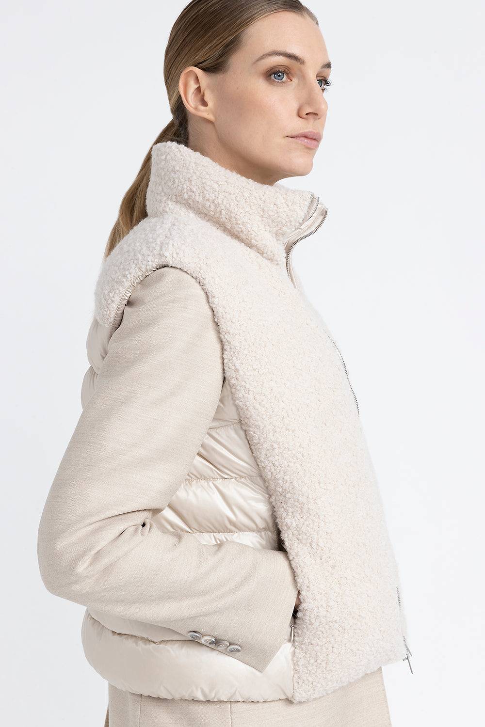 Peserico Gilet in piuma e panno bouclé di lana vergine e alpaca Vendita calda