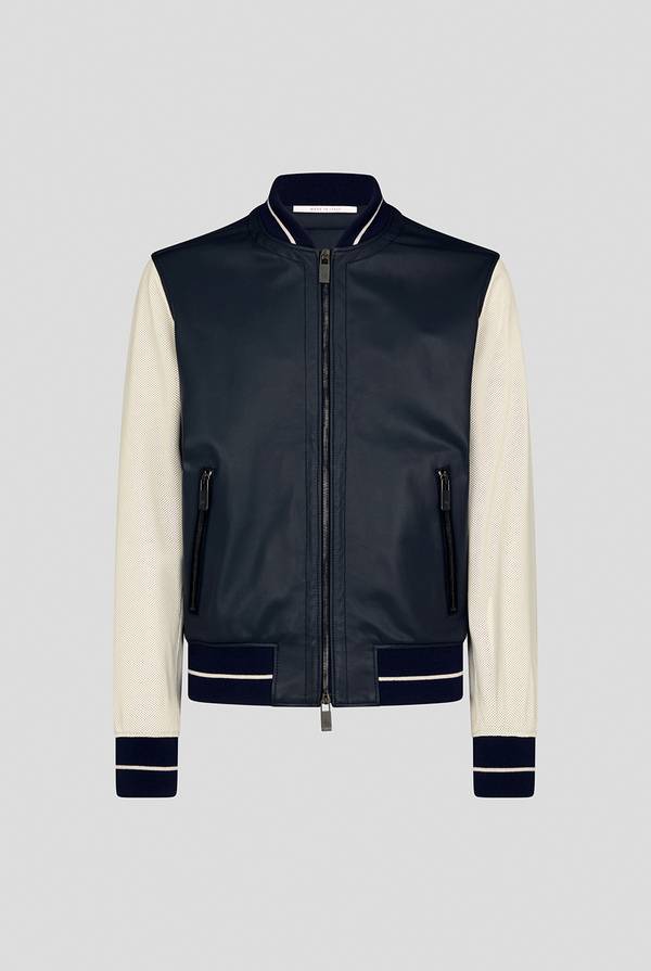 Pull Pal Zileri Varsity Jacket in nappa bicolore blu e panna Spedizione Gratuita