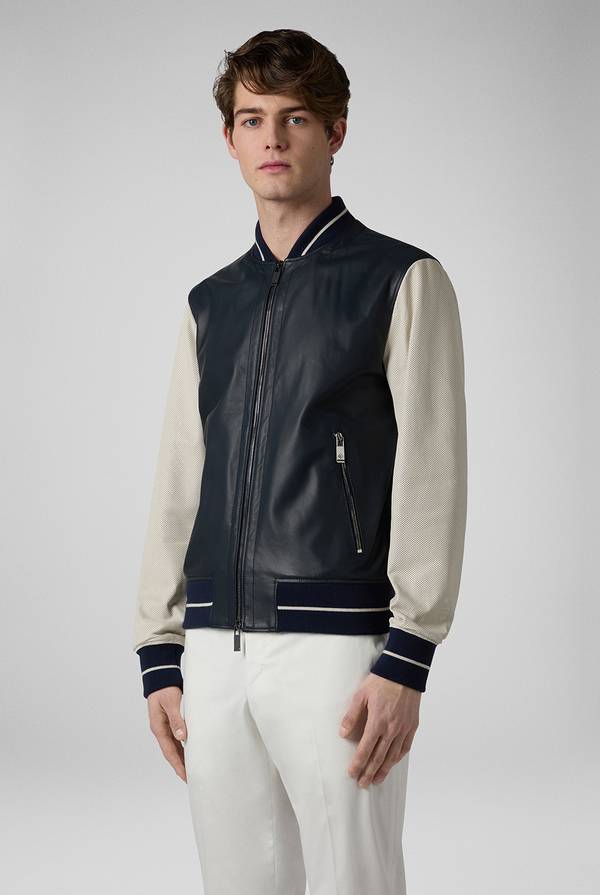 Pull Pal Zileri Varsity Jacket in nappa bicolore blu e panna Spedizione Gratuita