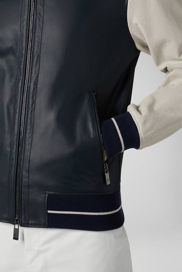 Pull Pal Zileri Varsity Jacket in nappa bicolore blu e panna Spedizione Gratuita