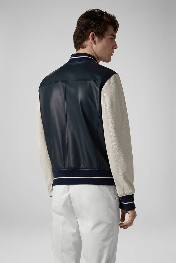 Pull Pal Zileri Varsity Jacket in nappa bicolore blu e panna Spedizione Gratuita
