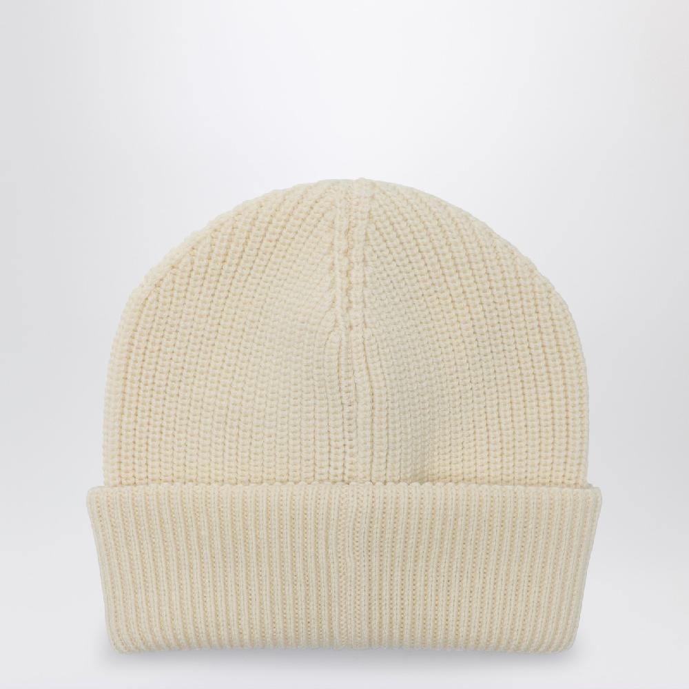 Moncler Cuffia bianca in lana con logo Fino al 65% di sconto