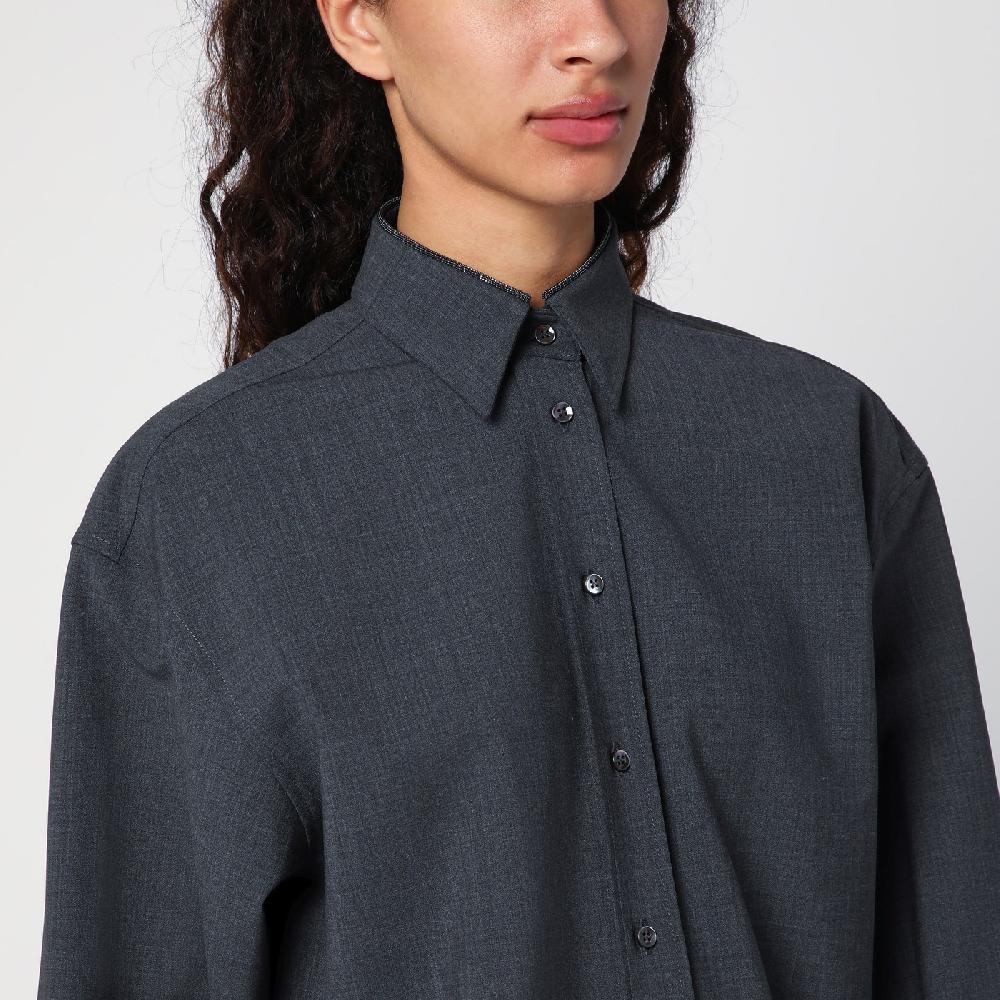 Brunello Cucinelli Camicia grigia scura con Shiny Collar Detail Saldi