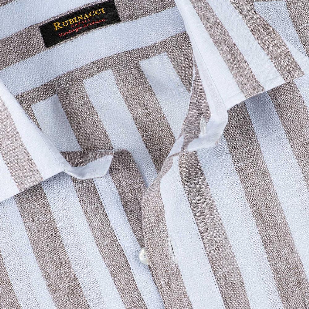 Rubinacci Polo in lino rigato nocciola Super Saving Price