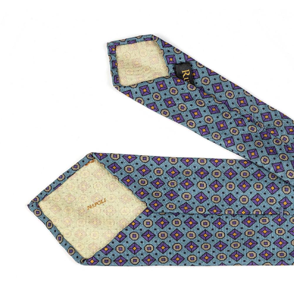 Rubinacci Cravatta in twill di seta turchese con stampa geometrica Promozione temporanea