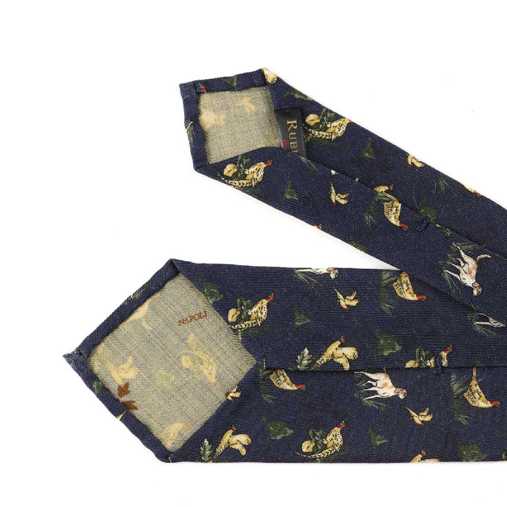 Rubinacci Cravatta in twill di lana blu con stampa cane Ritorno libero