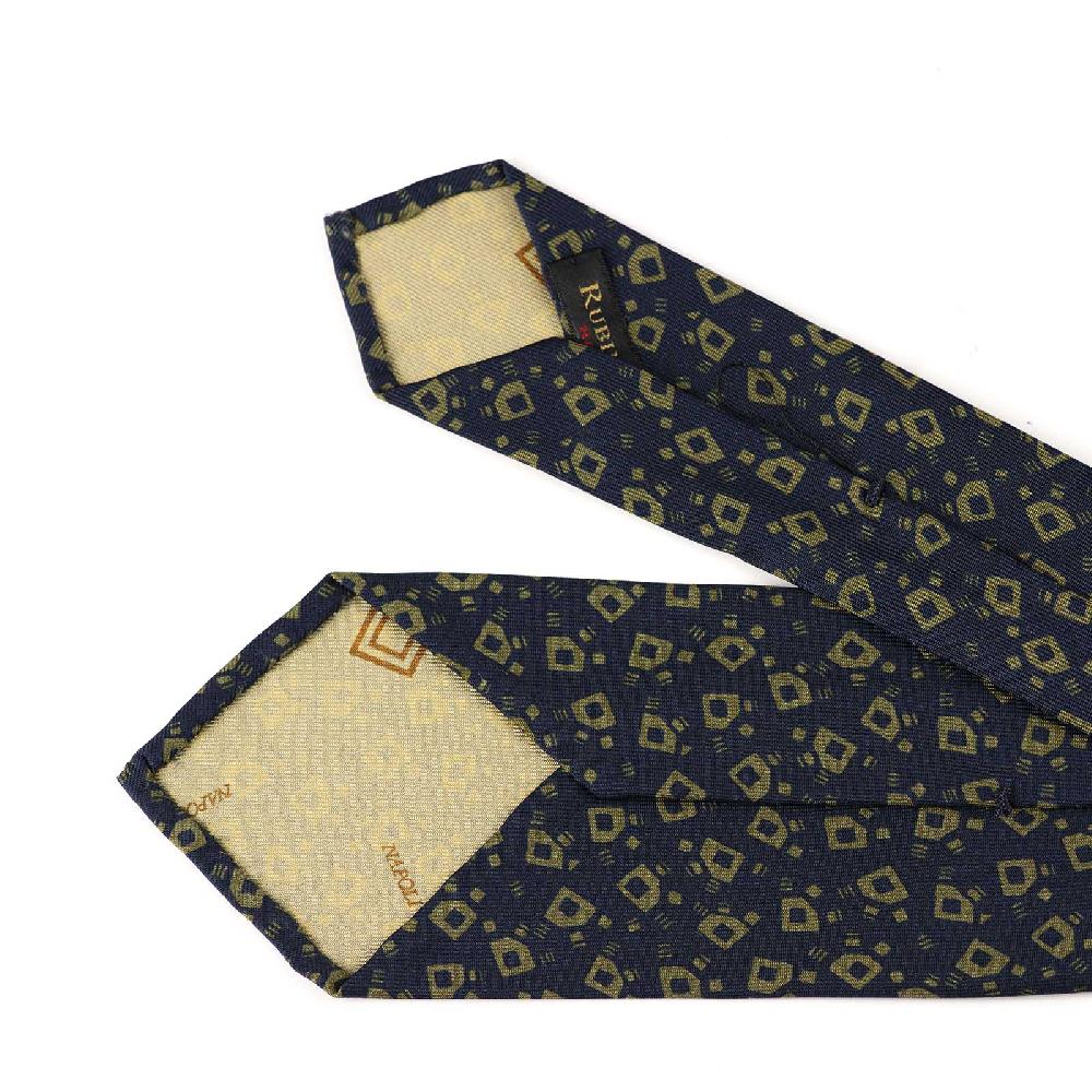 Rubinacci Cravatta in twill di seta navy blu con stampa geometrica Sostegno trimestrale