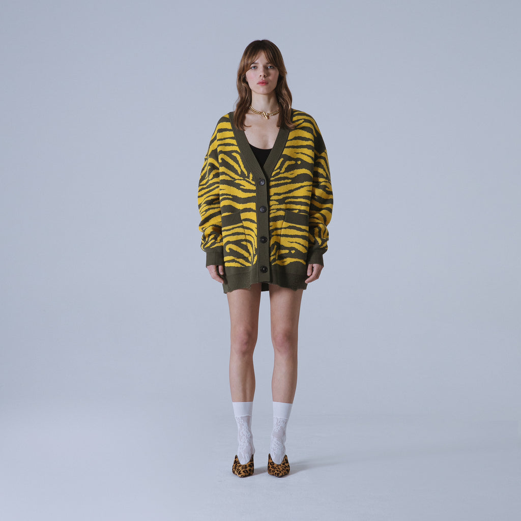 Sveta Milano Cardigan lungo jacquard Georgia in verde e giallo Offerta speciale della fabbrica