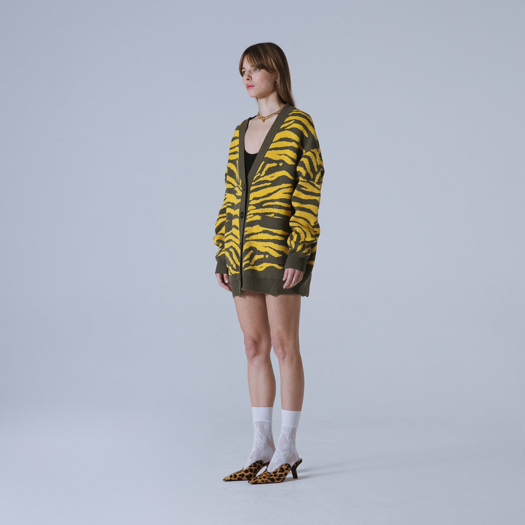 Sveta Milano Cardigan lungo jacquard Georgia in verde e giallo Offerta speciale della fabbrica