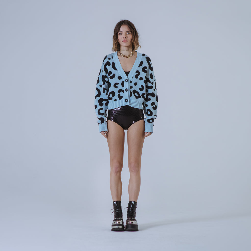Sveta Milano Cardigan corto jacquard Dakota in azzurro e nero Economico