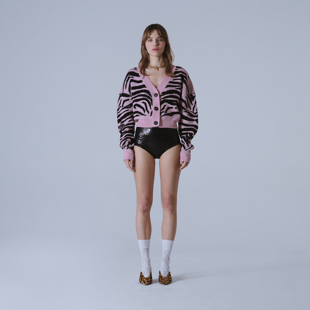 Sveta Milano Cardigan corto jacquard Dakota in rosa e nero Outlet